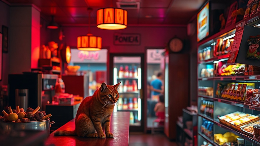 Orange tabby shop cat on a cozy store counter